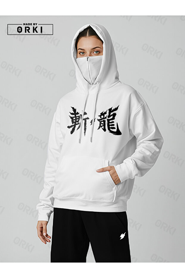 High Collar Mask Detailed White Unisex Ninja Cardigan