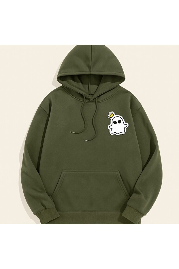 Unisex Oversize 3 Thread Yarn Kangaroo Pocket "Crowned Little Ghost" Printed Hooded Sweatshirt