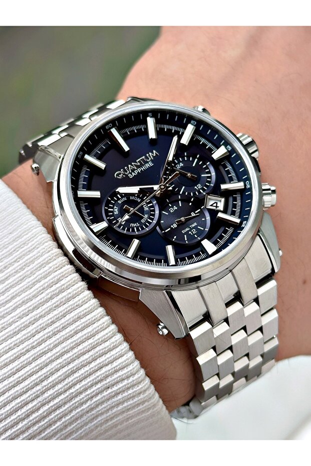 Functional Silver-Navy Blue Color 10 Atm Sapphire Glass Japanese Miyota Complete Steel Men Wristwatch 1176Mr