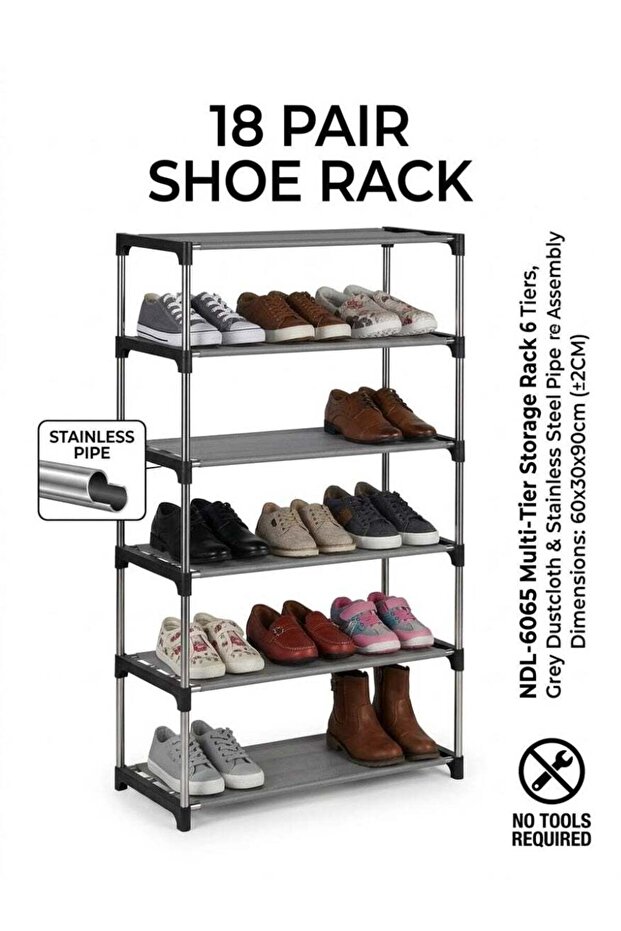 6-Tier Portable Shoe Rack Organizer with Stainless Steel Frame, Holds 18 Pairs, 60x30x90cm
