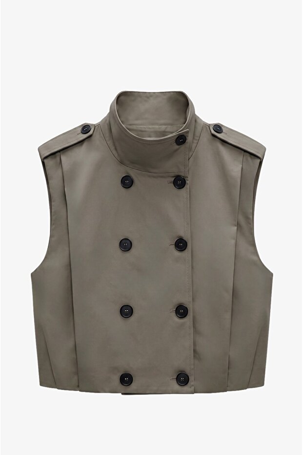 Khaki Pleated Buttoned Vest Trench Coat