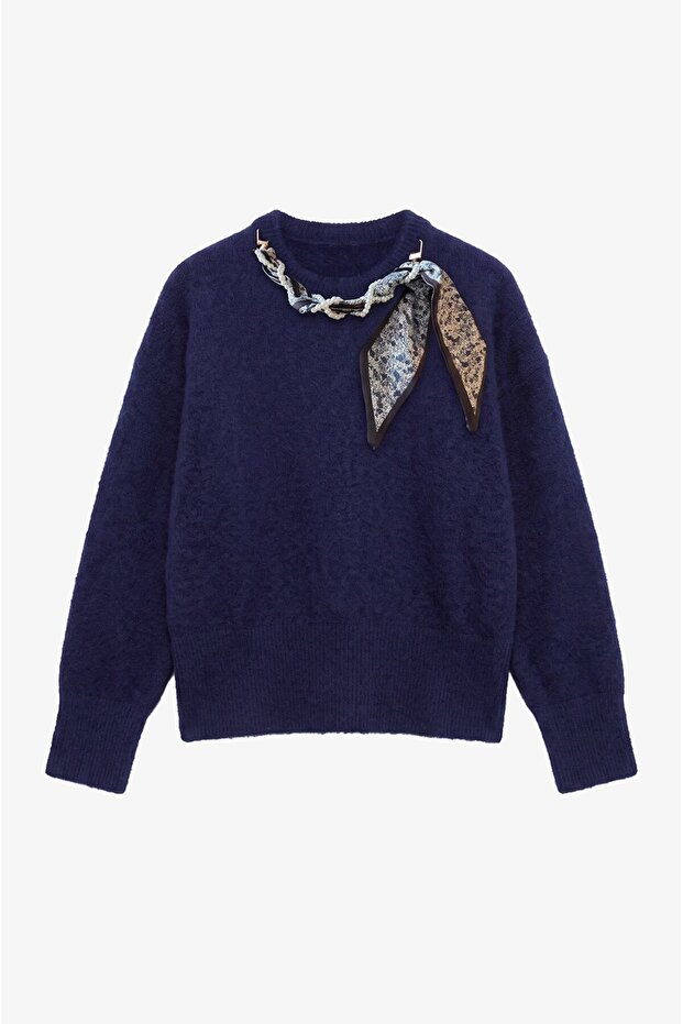 Navy Blue Collar Sweater with Scarf Detail