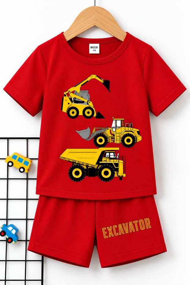 Excavator Printed Children's Red Shorts T-Shirt - Set - Children's Summer Crew Neck