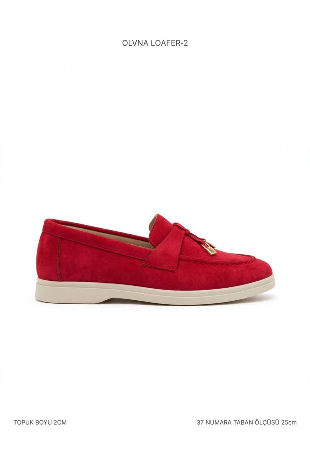 Red Suede Tassel Detailed Women's Loafer Ballerinas - Flat Sole Moccasin
