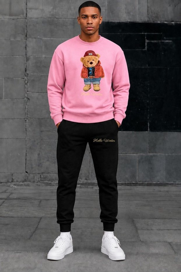 Unisex Teddy Bear Printed Tracksuit Set Oversize Hello Winter Top and Bottom Two-Piece Set Sweatshirt