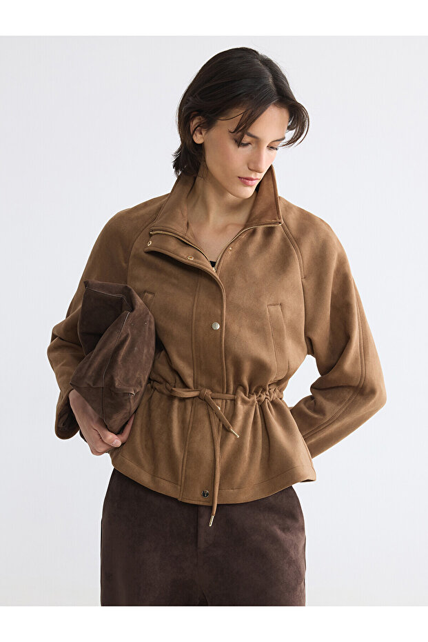 Two Mt Shop Quality Lcw Everyday Brown Suede Look Flat Loose & Baggy Women's Jacket