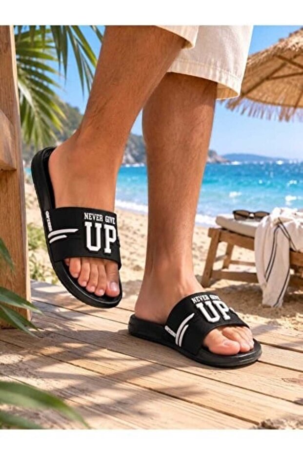 Men's Summer Pu Slippers Suitable for Wet Floors Home Bathroom Garden Pool Black-White Slippers