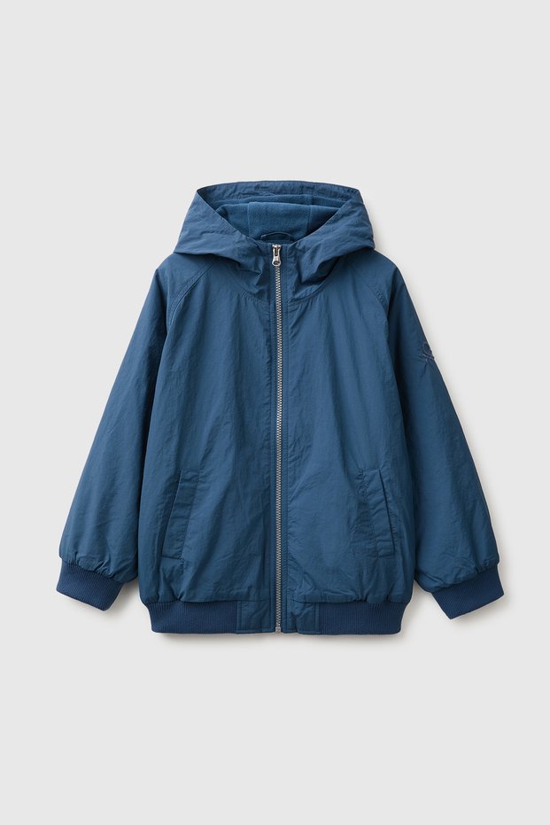 Boy's Navy Blue Zippered Raincoat with Ribbed Detail and Hood