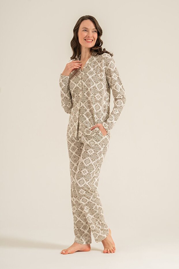 Women's Patterned Cream Shirt Pajama Set Pc9276-S-V1