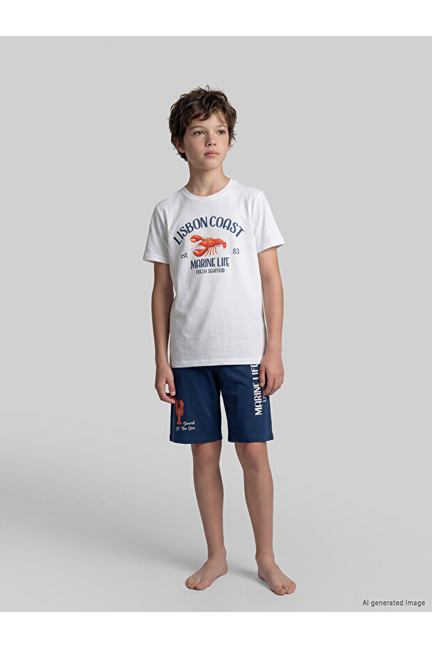 Lcw Kids White Crew Neck Boy's Pajamas Set with Shorts
