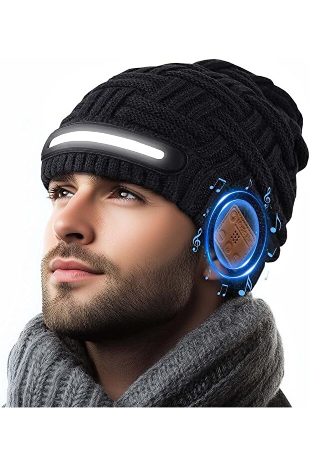 قبعة بلوتوث مع إضاءة LED، قبعة محبوكة قابلة لإعادة الشحن عبر USB مع سماعات لاسلكية مدمجة، دافئة