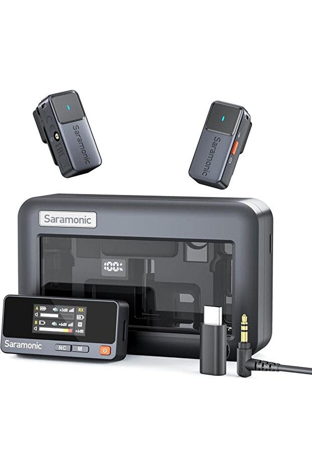 ميكروفون لافالير لاسلكي للآيفون والأندرويد (2TX + USB-C RX + علبة شحن)، مع خاصية إلغاء الضوضاء