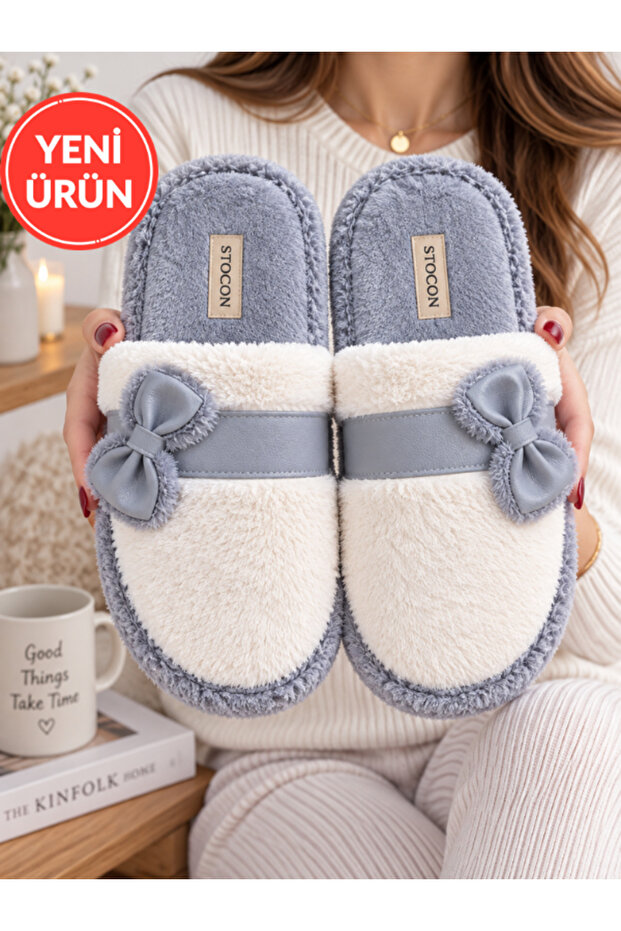 Lora Bowknot Detailed Plush House Slippers Closed Toe Soft Insole Winter House Slippers Dowry Slippers Gift Stc1348