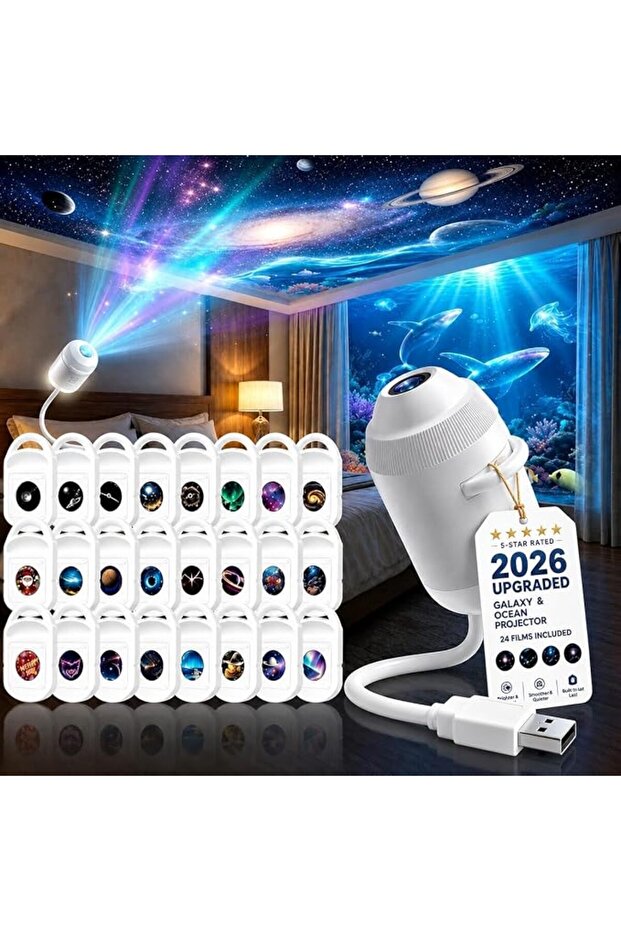 جهاز عرض ضوئي ليلي 2 في 1 مع أفلام عرض، خيارات مشاهد متعددة، يعمل بطاقة USB، دوران 360 درجة °   أ