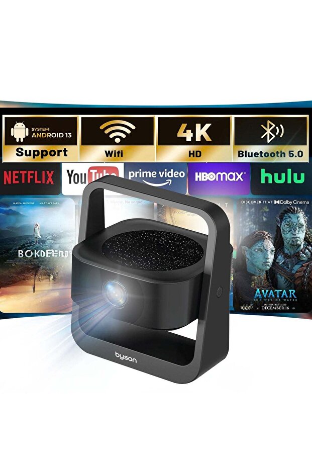 Smart Mini Projector 4K HDR with Android 13, 5G WiFi, 360° Rotation, Portable Design for Home Theater, Gaming & Presentations, 150” Screen, Compact & Lightweight