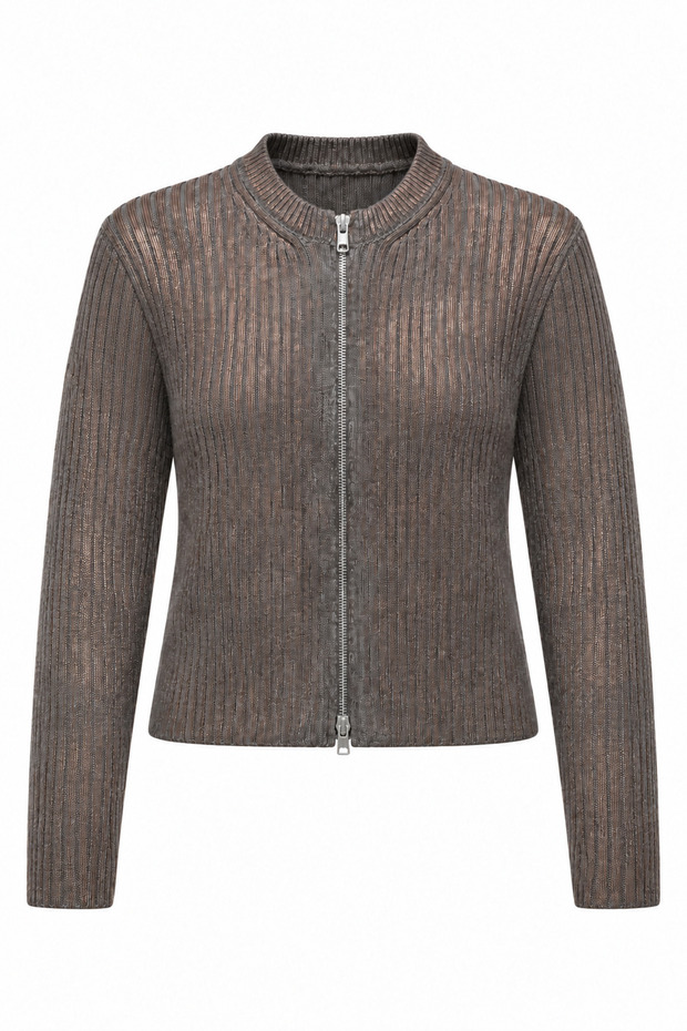 Varaklı Crew Neck Reversible Zipper Ribbed Knitwear Cardigan Aw26Hi0034