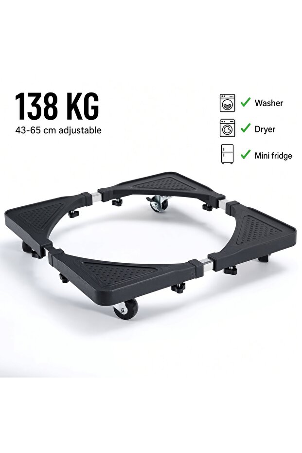 World Adjustable Washing Machine Base Stand with Wheels - Heavy Duty Movable Refrigerator Trolley Roller Dolly for Washer, Dryer, Fridge & Cabinet, Universal Telescopic Frame 138KG Load