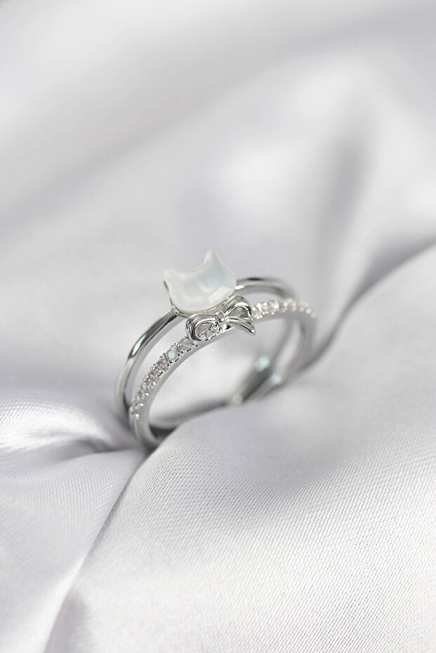 Silver Color Pearlescent Cat Model Bowknot Zircon Stone Women's Ring Tj-Byk4016