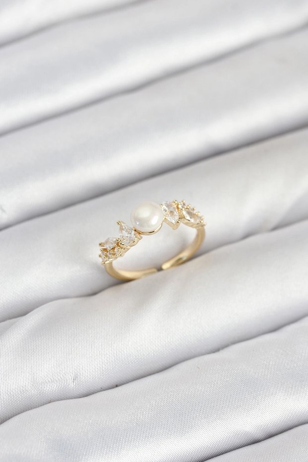 Brass Gold Color Zircon Stone Pearl Model Women's Ring Tj-Byk3852