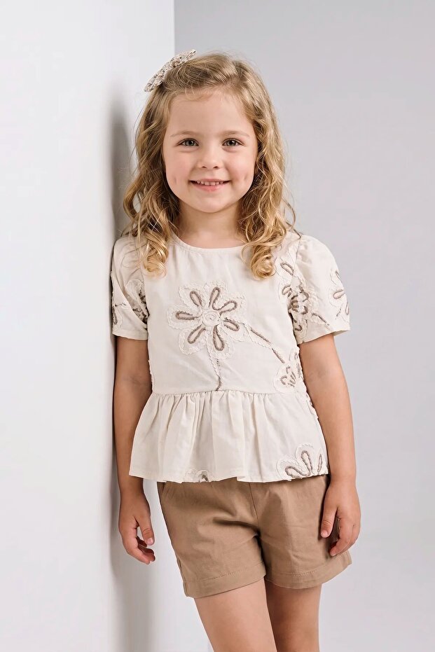 Girl's Ecru Floral Embroidered Flounce Blouse and Shorts Set