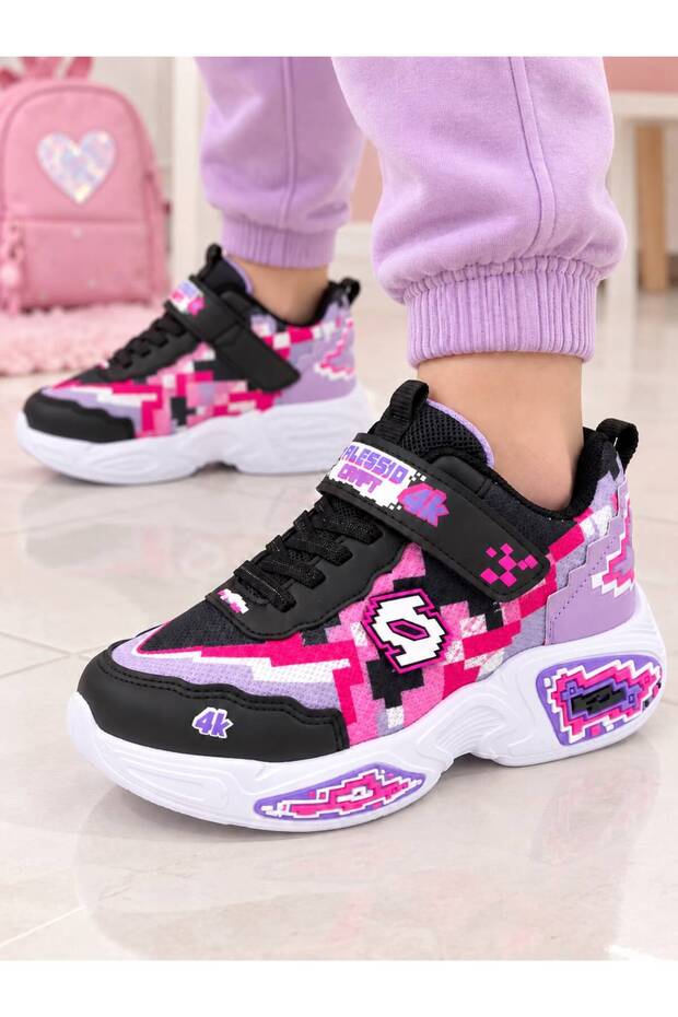 Children's Craft Style Sneaker with Circular Straps, Thick Soles, Pixel 3D Pattern