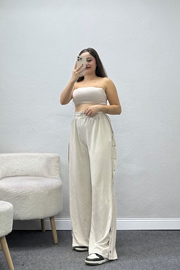 Women's Drawstring Waist Modal Pants with Side Snap Buttons Stone