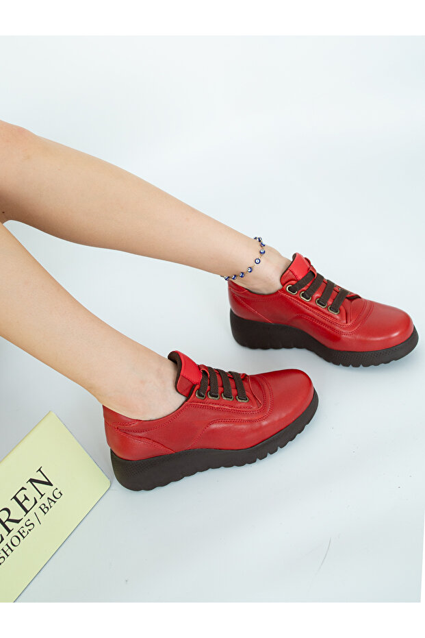 5516 Eren Shoes&Bag Genuine Leather Rubber Laced Light Sole Flat Heeled Daily Comfortable Shoes Real Leather Red