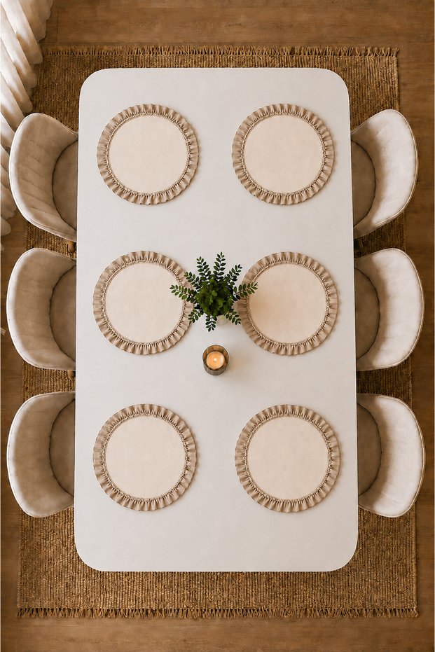 Set of 6 Round Ruffled Plates – 33cm Fabric Placemats Cream