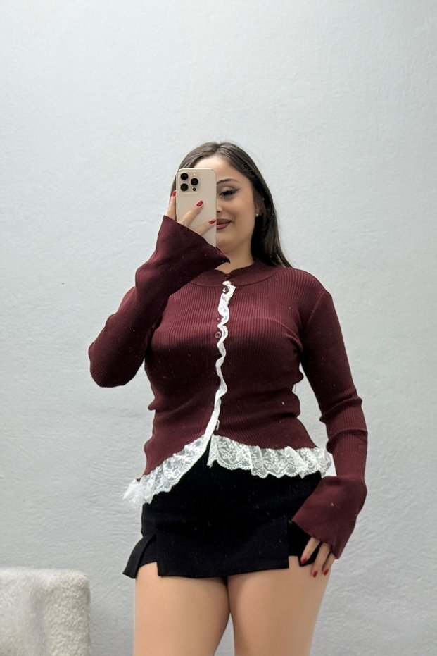 Women's Lace Detailed Knitwear Cardigan Claret Red Model Tv-95878