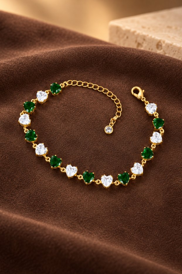 Green and White Stone Detailed Heart Model Bracelet