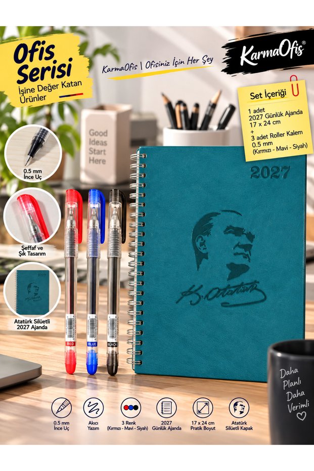 2027 Ataturk Silhouette Daily Agenda 17X24 cm Spiral Turquoise + 3 Colors 0.5 mm Fine Tip Roller Pen Set