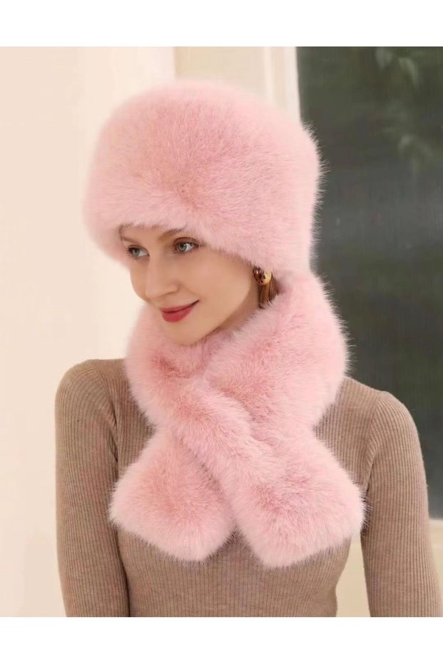Fur cap hat and cross scarf set
