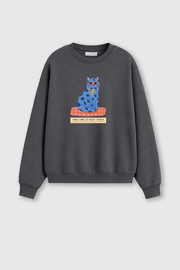 Women's Premium Fabric 3 Thread Raster Cat Printed Sweatshirt