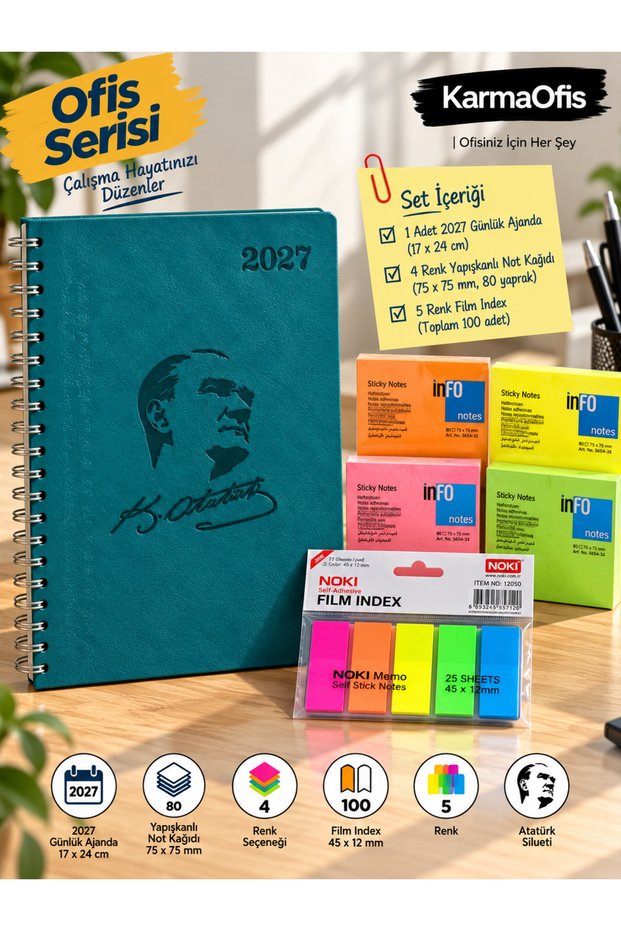 2027 Atatürk Silhouette Spiral Daily Agenda 17X24 cm Turquoise + 4 Color Adhesive Note Paper + 100 Pieces Film Index Bookmark