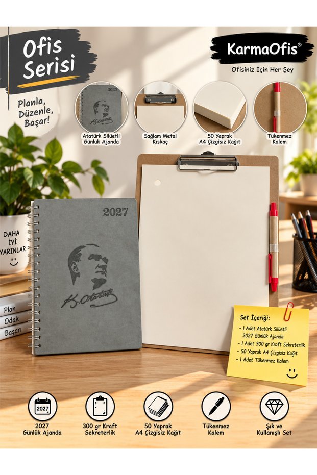 2027 Atatürk Silhouette Daily Agenda Set 17X24 cm Gray – Kraft Secretarial Supplies, 50 Sheets of A4 Ivory Paper and Ballpoint Pen
