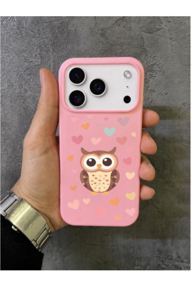 iPhone 17 Pro Max - 18 Pro Max Compatible Pink Case with Cute Owl Design and Colorful Hearts Inside
