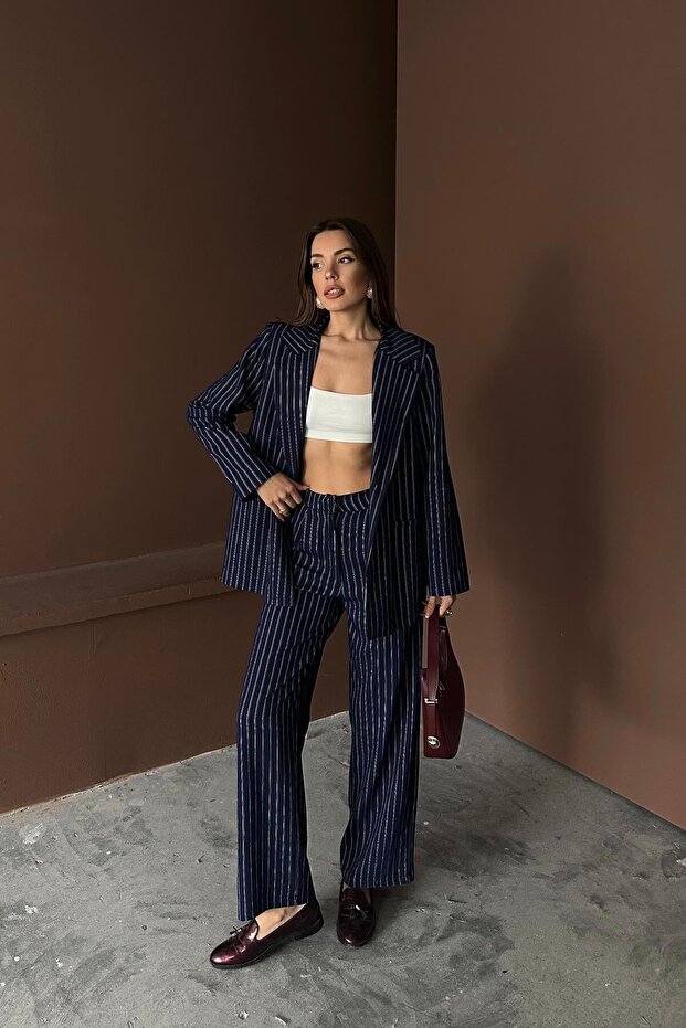 Navy Blue Striped Jacket and Pants Set