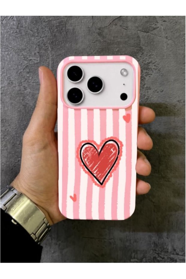 iPhone 17 Pro Max - 18 Pro Max Compatible Pink and White Striped Patterned Red Motif Pink Case