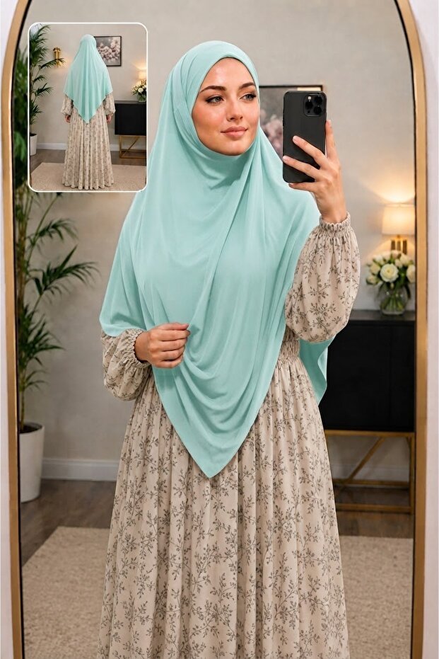 Practical Medium Size Sandy Sufle Scarf - Needle-Free Hijab for Hajj, Umrah, and Daily Use, Water Green