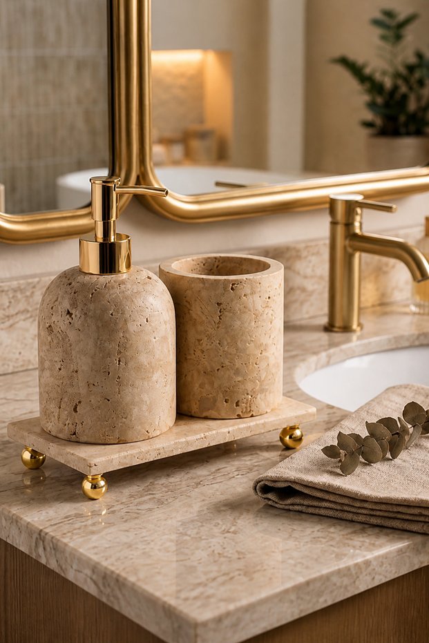Bathroom Travertine Soap Dispenser Set Gold Color Natural Travertine Marble Toothbrush Holder and Liquid Soap Dispenser Set
