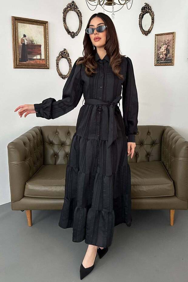 Black Belted Striped Patterned Dress