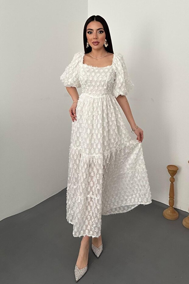 White Balloon Sleeve Ruffle Dress
