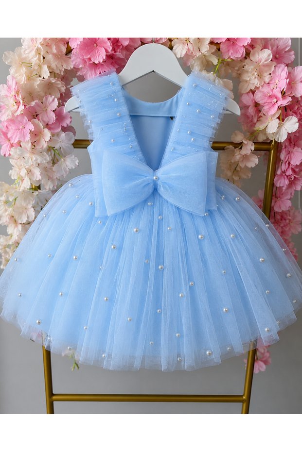 Girl's Pearl Beaded Baby Blue Wedding, Birthday, Party, Show Dress