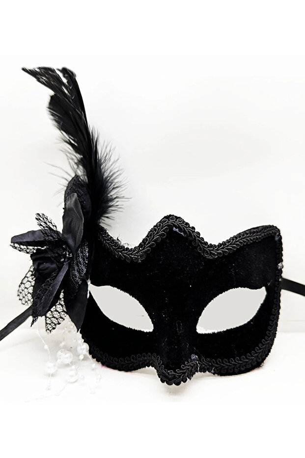 Black Color Side Feather Suede Coated Luxury Party Mask 20X23 cm