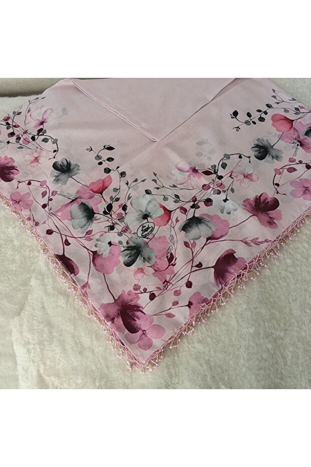 Handmade Patterned Yarn Embroidery with Ring Beads on the Edge, Yemeni, Scarf, with Embroidery on 4 Sides