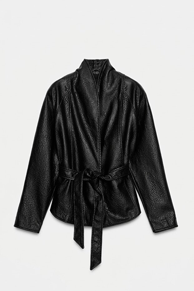Shawl Collar Belted Black Leather Jacket | Women's Outerwear