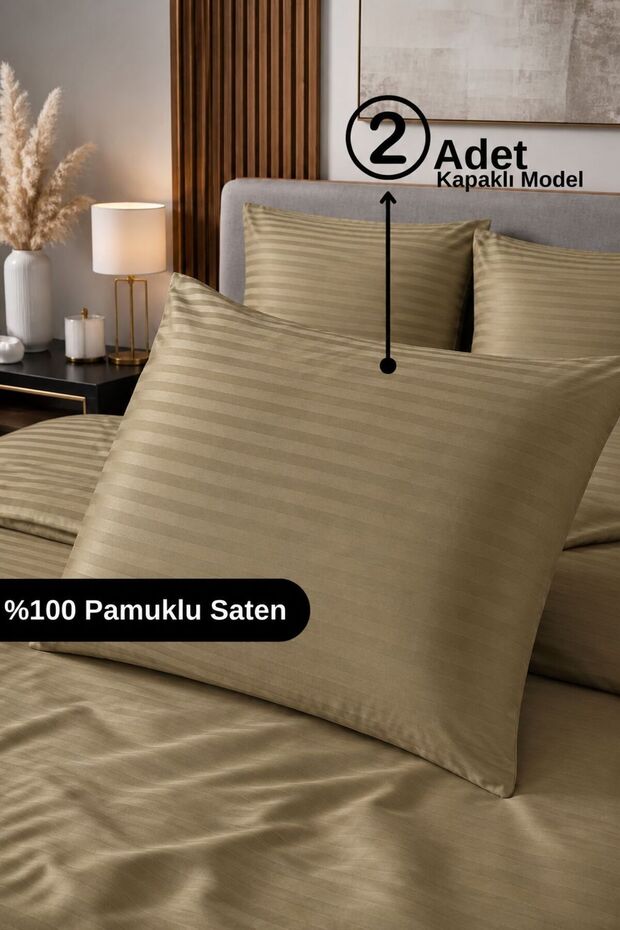100% Cotton Satin Striped Pillowcase with Cover 2-Piece Luxury Hotel Quality | 50X70 Khaki