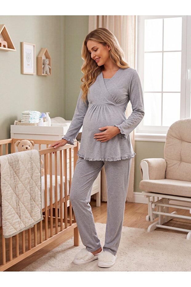 New Season Gray Double-Breasted Easy Breastfeeding Design Long Sleeve 100% Cotton Maternity Pajama Set