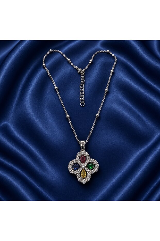 Silver Color Zircon Stone Four-Leaf Clover Steel Necklace - Tarnish Resistant - 45cm