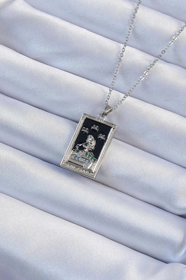 316L Steel Chain Silver Color Zircon Stone Black Enamel Girl Figured Tarot Necklace Tj-Bko9228